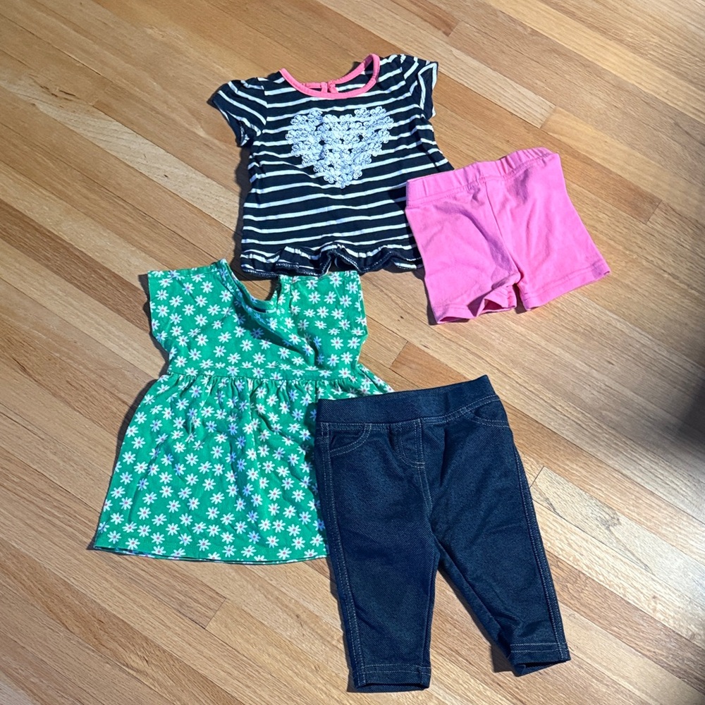Kids— Navy Stripe Top, Pink Shorts, Green Floral Dress & Jeans